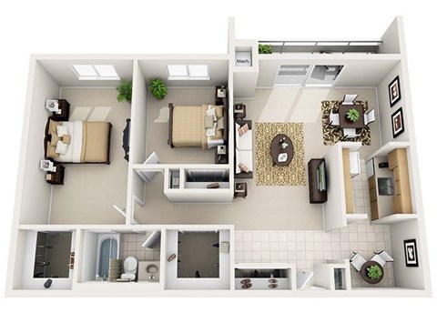Floor plan for 2 beds, 1 bath, 1075 sqft